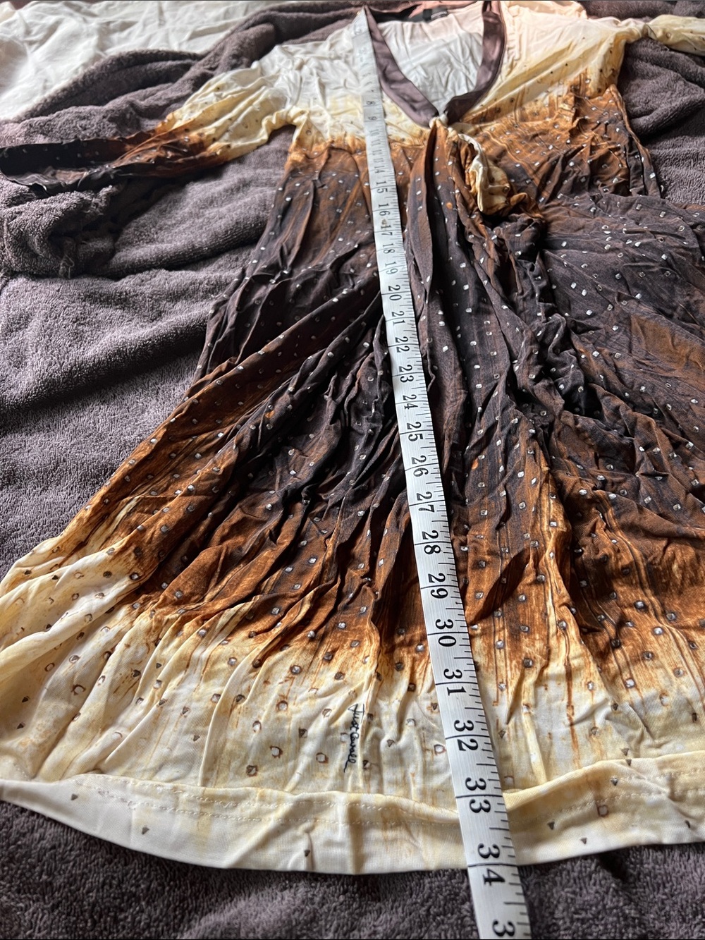 Just Cavalli Cream to Brown Ombre 3/4 Sleeve Dress with Rhinestone Accents - Picture 7 of 10